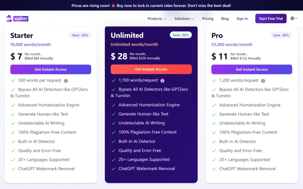 Walter Writes AI Pricing 2025